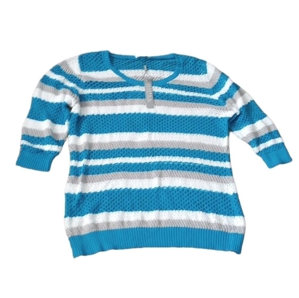 Joseph A Womens Top Sz XL Turquoise Stripes Open Knit 3/4 Sleeves Coastal Beachy